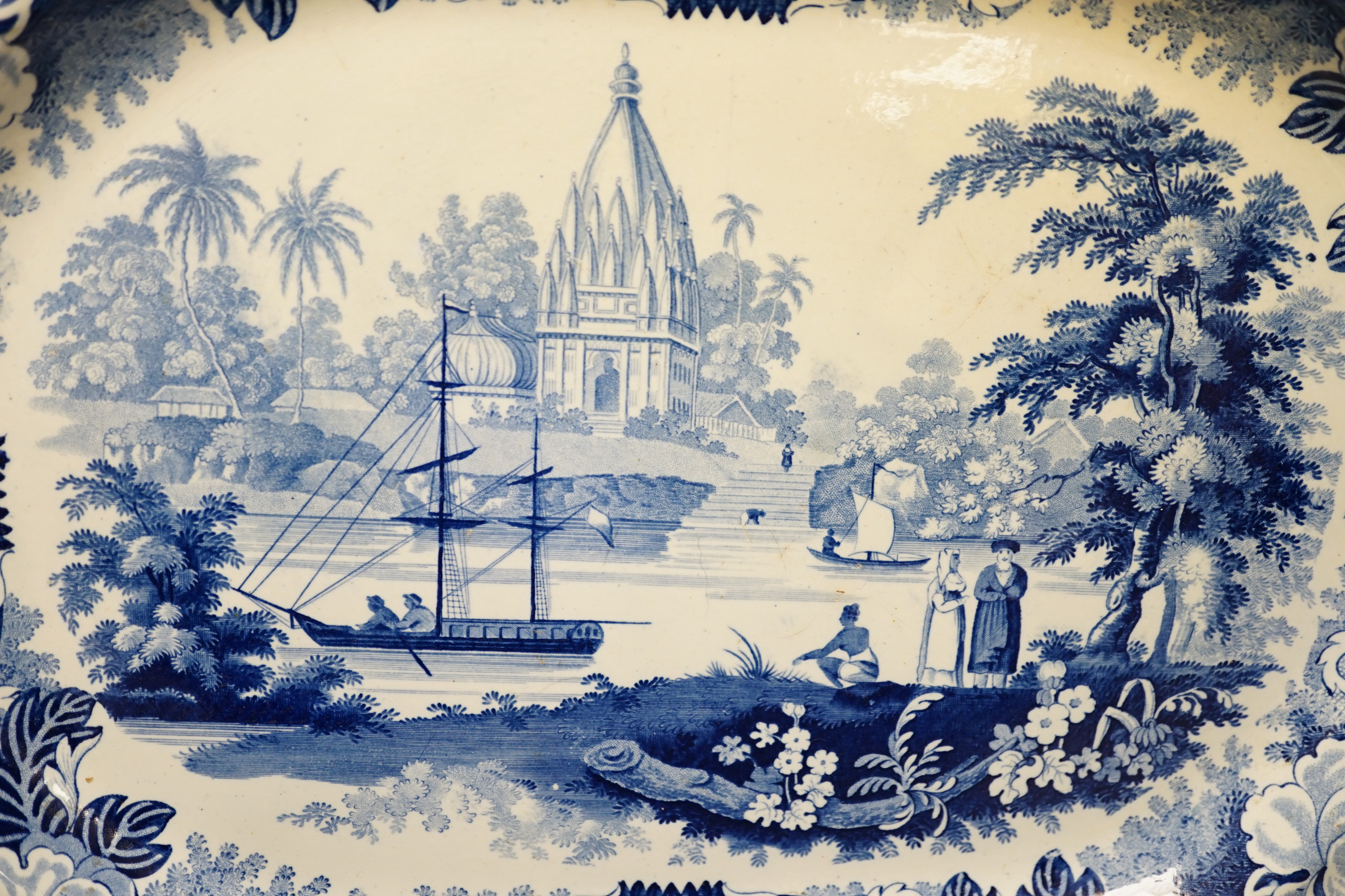 A Ridgway Oriental scenery blue and white platter, pagoda below Patna Azimabad 42cm